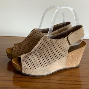 Suede sandals with cork wedge heel